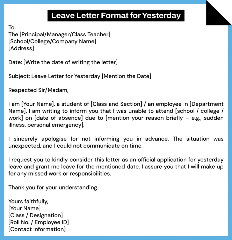 Format of Leave Letter for Yesterday
